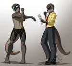  2016 5_fingers 5_toes anthro barefoot black_nose brown_eyes clothed clothing fur gradient_background grey_fur grey_hair hair male mammal mustelid mykegreywolf navel otter simple_background solo standing toes topless 