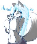  2016 anthro big_breasts black_nose blue_eyes blue_hair breast_squish breasts canine clothed clothing dog english_text female fur grey_fur hair hanul hi_res huge_breasts husky long_hair mammal naturally_censored nipple_tuft pocky_(candy) signature simple_background smile solo tailzkim text topless tuft white_background white_fur 
