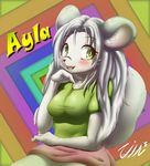  2015 anthro ayla_(tailzkim) blush breasts chinchilla clothed clothing cute english_text female fur green_eyes grey_fur grey_hair hair hi_res long_hair mammal open_mouth rodent shirt skirt smile solo tailzkim teeth text tongue 