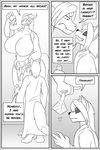  anthro big_breasts breasts canine clock-face comic dragon duo english_text female fox huge_breasts male mammal monochrome post_transformation smile standing teeth text thick_thighs 