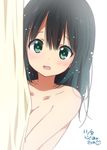  artist_name bangs black_hair blush boshuu-chan commentary curtains dated green_eyes long_hair looking_at_viewer nude open_mouth original peeking_out ragho_no_erika signature simple_background solo wavy_mouth 
