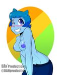  anthro blue_eyes blue_fur blue_nipples blush breasts cartoon_network cat clothed clothing dah feline female fur hair looking_at_viewer mammal mature_female mother nicole_watterson nipples parent simple_background smile solo teeth the_amazing_world_of_gumball topless 