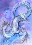  ambiguous_gender blue_eyes blue_skin claws dragon eastern_dragon hair horn isvoc nude solo traditional_media_(artwork) watercolor_(artwork) white_hair 
