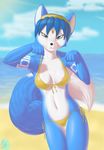  2016 absurd_res anthro armpits beach bikini blue_eyes blue_fur blue_hair bra breasts canine clothed clothing cloud english_text female fox fur hair half-closed_eyes hi_res krystal looking_at_viewer mammal navel nintendo outside rysonanthrodog sand seaside signature sky smile solo star_fox swimsuit tattoo text underwear video_games water white_fur 