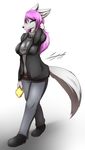 2016 anthro black_nose blue_eyes breasts canine clothed clothing english_text female footwear fur grey_fur hair hi_res inner_ear_fluff jacket long_hair looking_at_viewer mammal pants pink_hair purse shadow shirt shoes signature simple_background solo tailzkim text white_background wolf 