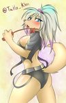  2015 anthro blue_eyes blue_hair blush breasts brown_fur butt canine clothed clothing dog drooling english_text female fur hair half-closed_eyes hi_res long_hair looking_at_viewer mammal multicolored_hair open_mouth ponytail purple_hair raised_tail saliva side_boob side_view solo sweat tailzkim text whip white_hair 