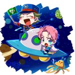  alien alternate_costume blue_eyes blush chibi closed_eyes comet double-breasted flag green_hair idolmaster idolmaster_side-m kabuto_daigo kikkou male_focus mitarai_shouta multiple_boys pink_hair planet riding smile space star star_(sky) tentacles ufo 