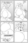  anthro big_breasts breasts clock-face comic dragon english_text female growth huge_breasts hyper hyper_breasts macro monochrome nude open_mouth solo text 