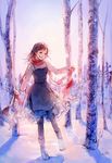  akagi_shun backlighting bare_tree blurry blush boots brown_eyes brown_hair commentary dancing depth_of_field dress forest happy long_hair morning nature open_mouth original outdoors pantyhose scarf shadow signature smile snow solo standing standing_on_one_leg tree winter 