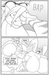  anthro avian big_breasts breast_expansion breasts clock-face comic dragon duo english_text female growth gryphon huge_breasts hyper hyper_breasts macro monochrome muscle_growth text 