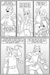  anthro canine clock-face clothed clothing comic duo english_text fox male mammal monochrome potion simple_background smile text 
