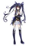  absurdres black_hair blush boots breasts cleavage highres knee_boots long_hair medium_breasts neptune_(series) noire one_eye_closed red_eyes ribbon solo standing twintails zero-theme 
