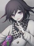 bandana black_hair blurry brand_name_imitation buttons checkered commentary_request danganronpa finger_to_mouth grey_background hair_between_eyes kobeni long_sleeves looking_at_viewer male_focus necktie new_danganronpa_v3 open_mouth ouma_kokichi purple_eyes purple_hair shirt simple_background smile soda_bottle solo upper_body white_coat white_shirt 