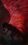  ambiguous_gender anthro black_fur claws digital_media_(artwork) feathered_wings feathers fur green_eyes isvoc mammal nude pink_feathers red_feathers wings 