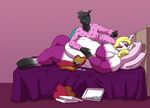  anthro bed belly big_belly candy changeling chocolate clock-face clothed clothing duo feeding female female/female food lying my_little_pony obese on_back overweight smile 