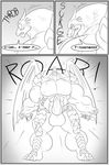  anthro balls clock-face comic dragon english_text erection growth hyper hyper_muscles knot male monochrome muscle_growth muscular nude solo standing text 