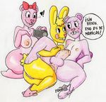  anal anthro anus beaver blush breasts buckteeth butt chipmunk cuddling female fur giggles girly hair_bow hair_ribbon happy_tree_friends humanoid lagomorph male male/male mammal parasitedeath penis pink_fur rabbit ribbons rodent smile teeth toothy 