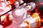  1girl armor army blue_eyes breasts cameltoe dutch_angle helmet highres holding huge_breasts inja_no_kuruwa legs looking_at_viewer mound_of_venus open_mouth original purple_hair serious shield solo_focus standing thighs thong 