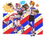  3boys akizuki_ryou alternate_costume antenna_hair apron blue_eyes brown_eyes brown_hair burger_skater_(idolmaster) crying crying_with_eyes_open employee_uniform f-lags_(idolmaster) food french_fries frills full_body hair_over_one_eye hamburger idolmaster idolmaster_side-m kabuto_daigo kikkou male_focus multiple_boys orange_eyes orange_hair patterned_background pink_hair pinstripe_pattern roller_skates shaded_face shorts skates star striped sweatdrop tears tripping tsukumo_kazuki uniform waist_apron waiter wavy_mouth wrist_cuffs 