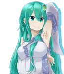  arm_up armpits blush breast_hold breasts colored_eyelashes commentary_request detached_sleeves eyebrows eyebrows_visible_through_hair frog_hair_ornament green_eyes green_hair hair_ornament kochiya_sanae large_breasts long_hair shirt smile snake_hair_ornament solo touhou tyouseki 