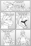  anthro canine clock-face clothed clothing comic dragon duo english_text female fox male mammal monochrome text transformation 