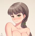  &gt;:( alternate_breast_size ansatsu_kyoushitsu areolae bare_shoulders blush breasts brown_hair cleavage close-up collarbone eyebrows eyebrows_visible_through_hair face frown green_eyes hair_ornament kataoka_megu light_brown_background light_brown_hair lips long_hair looking_at_viewer medium_breasts nude ponytail simple_background solo tied_hair unamused upper_body zerg309 