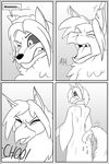  anthro avian beak canine clock-face clothed clothing comic english_text feathers fox gryphon male mammal monochrome open_mouth solo text transformation 