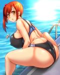  1girl ass blush breasts competition_swimsuit erect_nipples female from_behind hair_bobbles hair_ornament huge_breasts looking_at_viewer looking_back nanashi_mushi on_ground one-piece_swimsuit open_mouth orange_hair original pool shipo_aki side_ponytail sitting solo water yellow_eyes 