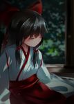  absurdres black_hair blurry bow chen_bin closed_eyes closed_mouth depth_of_field expressionless eyelashes hair_bow hakama hakurei_reimu head_tilt highres indoors japanese_clothes long_hair long_sleeves miko sidelocks sitting solo touhou 