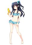  :&lt; absurdres ass_visible_through_thighs bare_arms bare_legs bare_shoulders barefoot bikini black_hair blue_bikini blush body_blush breasts closed_mouth collarbone contrapposto feet frilled_bikini frills full_body groin gun hair_ornament hair_scrunchie head_tilt highres holding holding_gun holding_weapon legs_apart long_hair looking_at_viewer navel neptune_(series) red_eyes scrunchie simple_background small_breasts solo standing stomach swimsuit two_side_up underboob uni_(choujigen_game_neptune) v-shaped_eyebrows water_gun wavy_hair weapon white_background zero-theme 