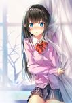  bangs bare_tree black_hair blue_eyes blush bow bowtie cardigan curtain_grab curtains long_hair looking_at_viewer original parted_lips pink_cardigan plaid plaid_skirt school_uniform skirt sleeves_past_wrists solo tree window wingheart 