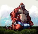  anthro aokmaidu bulge claws clothing groudon legendary_pok&eacute;mon macro male musclegut nintendo pecs pok&eacute;mon solo spikes standing teeth underwear video_games 