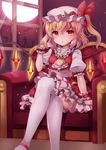  absurdres ascot bad_id bad_pixiv_id bat blonde_hair bow crop_top crossed_legs crystal flandre_scarlet full_moon hat hat_bow hat_ribbon highres long_hair looking_at_viewer mob_cap moon papo petticoat puffy_short_sleeves puffy_sleeves red_eyes ribbon short_sleeves side_ponytail sitting skirt skirt_set solo thighhighs touhou white_legwear window wings wrist_cuffs 