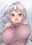  blush bouncing_breasts bow bowtie breasts brooch chikado commentary_request covered_nipples duplicate feathered_wings heavy_breathing jacket jewelry kishin_sagume large_breasts nose_blush open_mouth purple_shirt red_bow red_eyes red_neckwear shirt short_hair silver_hair simple_background single_wing solo sweat touhou unaligned_breasts upper_body white_wings wings 