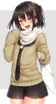  :d bangs black_hair black_neckwear black_skirt brown_eyes cardigan cowboy_shot hair_ornament hairclip kantai_collection keita_(tundereyuina) long_sleeves neckerchief open_mouth pleated_skirt remodel_(kantai_collection) scarf sendai_(kantai_collection) skirt sleeves_past_wrists smile solo standing two_side_up v-shaped_eyebrows white_scarf 