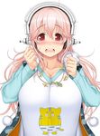  blush breasts camouflage_hoodie cleavage headphones large_breasts long_hair looking_at_viewer nitroplus open_mouth pink_hair pom_pom_(clothes) solo super_sonico tsuji_santa upper_body 