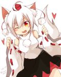  ahoge animal_ears bare_shoulders breasts detached_sleeves fang hat heart highres inubashiri_momiji looking_at_viewer medium_breasts one_eye_closed pom_pom_(clothes) red_eyes short_hair silver_hair solo tail tokin_hat tosura-ayato touhou wolf_ears wolf_tail 