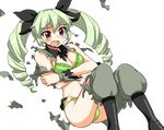  anchovy anzio_military_uniform ass bare_shoulders black_footwear blush boots bra breast_hold breasts drill_hair exploding_clothes girls_und_panzer green_bra green_hair green_panties hair_ribbon knees_up long_hair long_sleeves lying medium_breasts midriff military military_uniform mono_(moiky) on_back open_mouth panties red_eyes ribbon solo thighs tongue torn_clothes transparent_background twin_drills twintails underwear uniform 