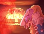  blonde_hair clownpiece commentary explosion hat hat_removed headwear_removed jester_cap long_sleeves mefomefo meme multiple_views mushroom_cloud neck_ruff nervous pink_eyes pointy_ears polka_dot short_sleeves star star_print striped sweat sweating_towel_guy touhou wiping_sweat 