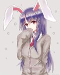  animal_ears bunny_ears buttons cardigan hand_on_own_face long_hair long_sleeves necktie purple_hair red_eyes reisen_udongein_inaba setsuka_(okuna_sin) simple_background snow solo sweater touhou 