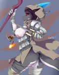  2016 absurd_res anthro armor breast_plate breasts butt camel_toe candle clothing dark_souls_3 dragon female gauntlets gloves hi_res horn magic_user melee_weapon nipples red_eyes silver723 solo staff sword thong weapon witch 