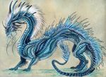  ambiguous_gender blue_scales claws dragon eastern_dragon feral hair horn isvoc scales simple_background solo standing traditional_media_(artwork) white_hair 