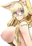  amino_dopple animal_ear_fluff animal_ears bad_id bad_pixiv_id bangs blonde_hair blue_eyes blunt_bangs blush breasts fox_ears glasses highres large_breasts long_hair looking_at_viewer nipples open_mouth original red-framed_eyewear semi-rimless_eyewear simple_background solo topless twitter_username under-rim_eyewear 