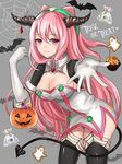  adapted_costume breasts cleavage gloves hacka_doll hacka_doll_2 halloween horns large_breasts long_hair looking_at_viewer open_mouth pink_eyes pink_hair pumpkin smile solo thighhighs trick_or_treat uanuan 