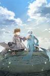  bad_id bad_pixiv_id blue_hair brown_hair closed_eyes cloud day earrings gloves grin highres jewelry jusc0 looking_at_another male_focus mikleo_(tales) multiple_boys outdoors purple_eyes sky smile sorey_(tales) tales_of_(series) tales_of_zestiria 