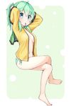  adjusting_hair ahoge alternate_hairstyle arms_behind_head arms_up bare_legs barefoot blue_eyes blush breasts center_opening commentary_request crossed_legs frilled_sleeves frills from_side full_body green_eyes green_panties highres komeiji_koishi long_sleeves looking_at_viewer looking_to_the_side midriff mouth_hold navel no_bra ominaeshi_(takenoko) open_clothes open_shirt panties ponytail shirt side-tie_panties sitting small_breasts solo stomach touhou tying_hair underwear wide_sleeves 