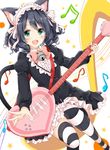  :d animal_ears beamed_sixteenth_notes bell black_hair blush bow bowtie buttons cat_ears cat_tail cyan_(show_by_rock!!) dress dutch_angle eighth_note electric_guitar eyebrows eyebrows_visible_through_hair fang frilled_dress frills green_eyes guitar hairband heart holding holding_instrument instrument jingle_bell juliet_sleeves lolita_hairband long_sleeves looking_at_viewer music musical_note open_mouth outstretched_arm pink_bow pink_neckwear playing_instrument puffy_sleeves ringlets shiina_kuro short_hair show_by_rock!! smile solo star striped striped_legwear tail teeth thighhighs 