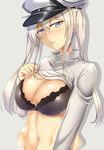 black_bra blonde_hair blue_eyes blush bra breasts cleavage clothes_lift graf_zeppelin_(kantai_collection) hair_between_eyes hat kantai_collection large_breasts long_hair navel peaked_cap ribbed_sweater saintshiro sidelocks simple_background solo sweater sweater_lift turtleneck twintails underwear 