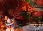  2016 bangs bare_shoulders breasts brown_eyes brown_hair cherry_blossoms closed_mouth dated detached_sleeves eyebrows eyebrows_visible_through_hair fence floating_hair flower gate gorget hair_flower hair_ornament hedge_(plant) holding holding_umbrella kantai_collection large_breasts leaf light_rays long_hair looking_at_viewer maple_leaf oriental_umbrella outdoors pajant ponytail red red_umbrella shade signature solo umbrella upper_body very_long_hair wooden_fence yamato_(kantai_collection) 