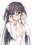  adjusting_eyewear bangs black_hair blue_eyes blush breasts cleavage commentary_request dress_shirt eyebrows eyebrows_visible_through_hair flower glasses hair_flower hair_ornament hair_ribbon hair_rings long_hair long_sleeves looking_at_viewer no_bra nozomi_tsubame open_clothes open_shirt original ribbon shirt simple_background small_breasts smile solo two_side_up white_background white_shirt yukiha_(nozomi_tsubame) 